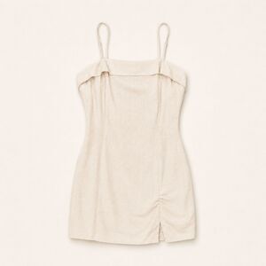 Monteau Los Angeles Linen Blend Mini Dress Ivory Ruched Slit Size M NWT